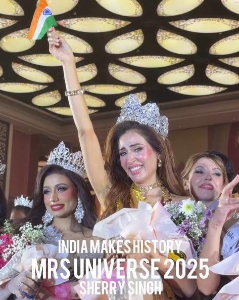Sherriy Singh after winning the Mrs Universe 2025 beauty pageant