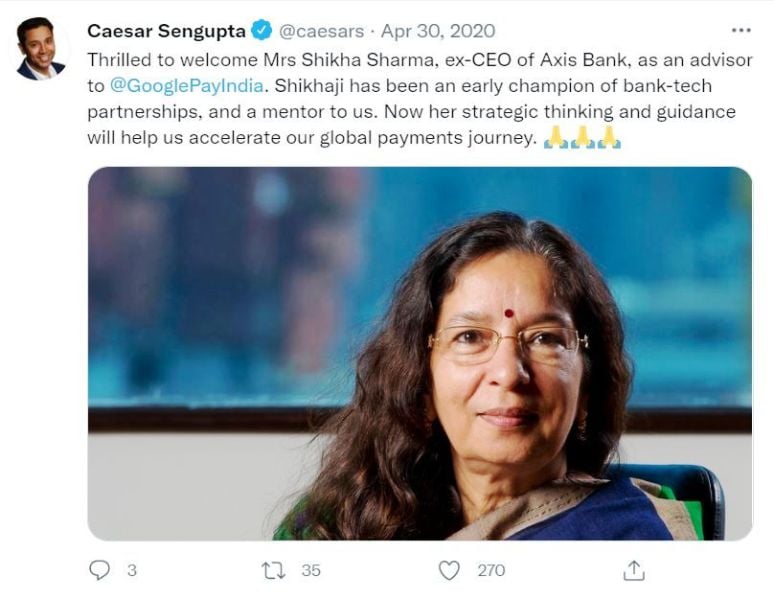 Shikha Sharma appointed the adviser of Google Pay