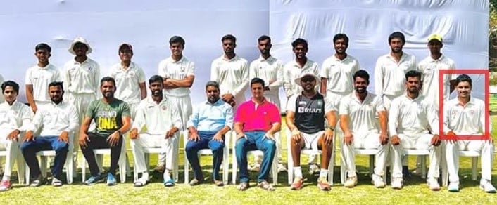 Shivalik Sharma with his team after winning the H D Zaveri Premier League, a three-day cricket tournament, in April 2023
