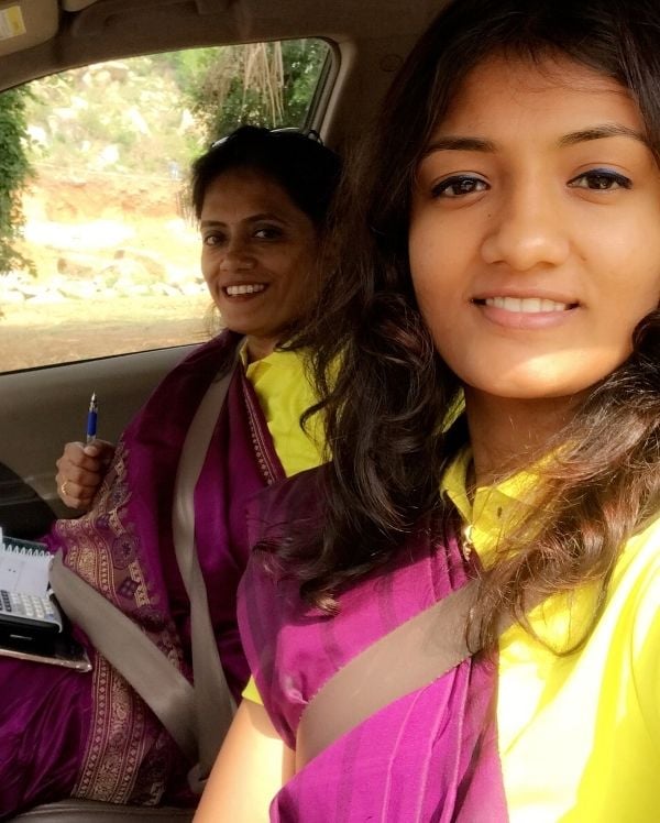 Shivani Pruthvi with her mother, Deepti Pruthvi (left), checking the route before a rally