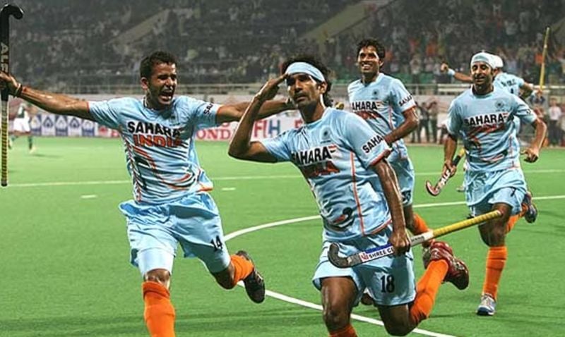 Shivendra Singh (second from left) doing his signature move after scoring a goal