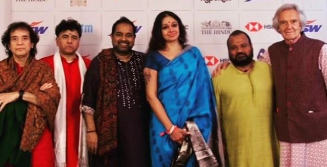 Shobana posing with Zakir Hussain, Shankar Mahadevan, and others