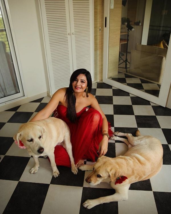 Shonali Nagrani with her pet dogs, Lucy and Oliver