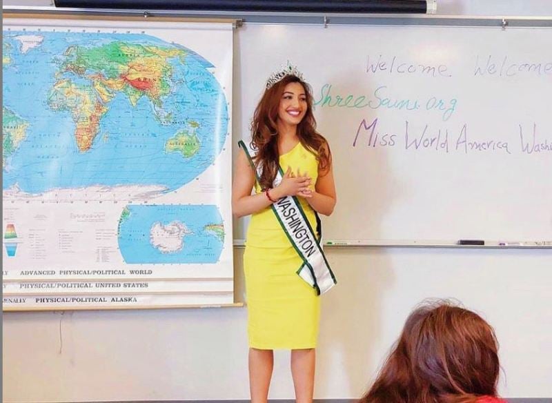 Shree Saini while delivering a motivational speech at her college