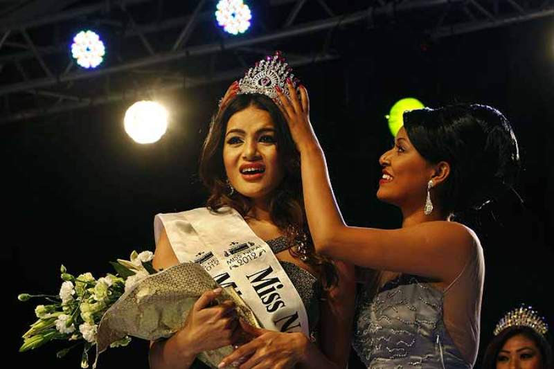 Shristi Shrestha being crowned during the Miss Nepal contest in Katmandu, Nepal in 2012