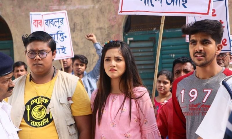 Shritama Mitra (centre) in a still from the Bengali drama TV series titled 