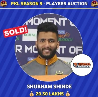 Shubham Shinde being bought by Bengal Warriors in PKL season 9
