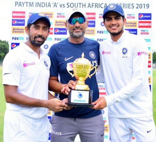 Shubman Gill, Sitanshu Kotak, and Wriddhiman Saha (right to left) during an India A series