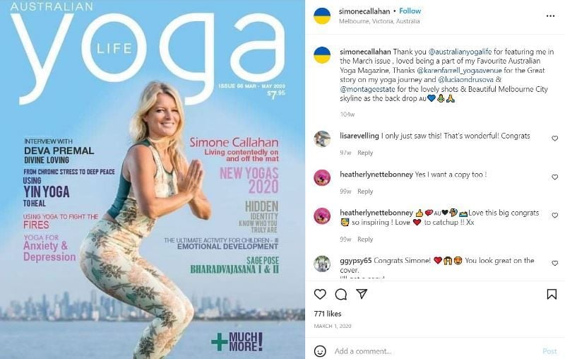 Simone Callahan on the cover of Australian Yoga Life magazine