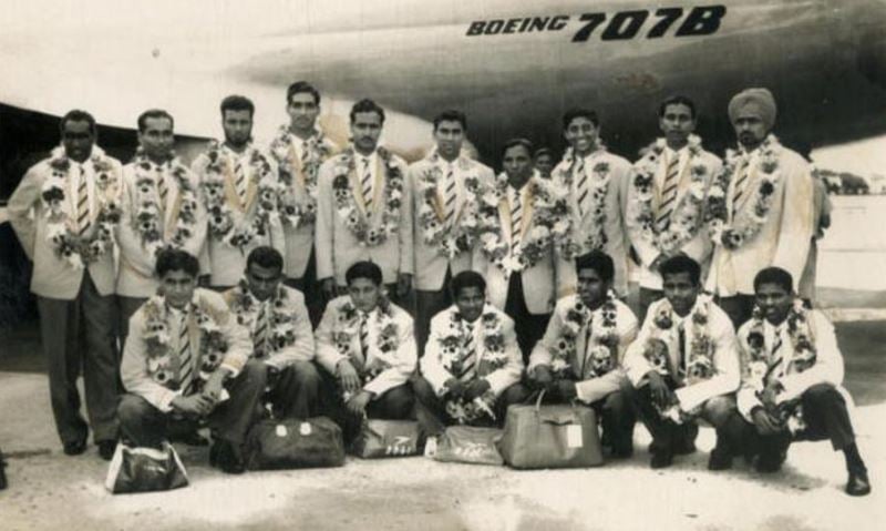 Sitting extreme right, Tulsidas Balaram with the Indian football team while departing for the Asian Games