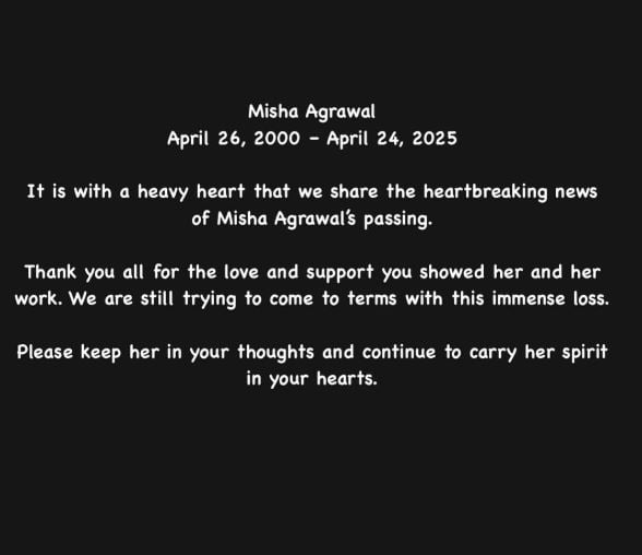 Social media post by Misha Agrawal