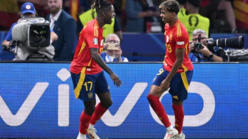 Spain’s Nico Williams (left) and Lamine Yamal (right) celebrating in the finals after scoring a goal against England