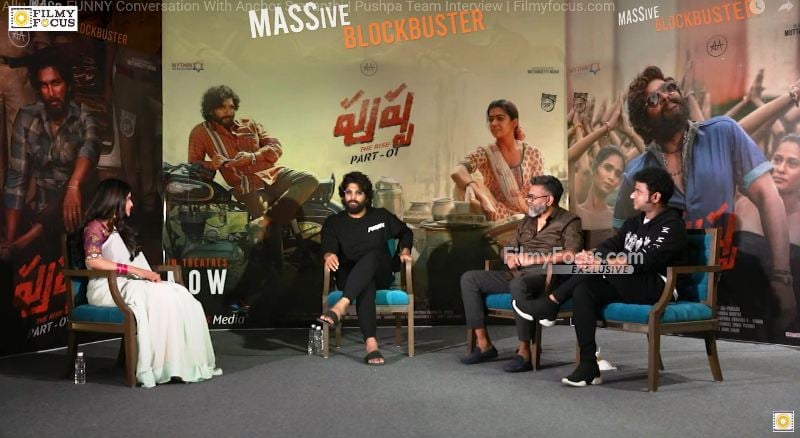 Sravanthi Chokarapu interviewing Allu Arjun and filmmakers of the film Pushpa: The Rise (2021) for the digital media channel Filmy Focus