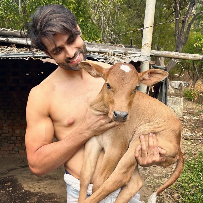 Srikant Dwivedi holding a calf