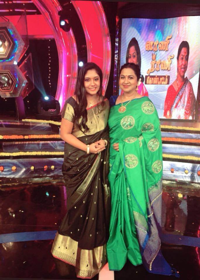 Sruthi Shanmuga Priya (left) during the shoot of a TV show