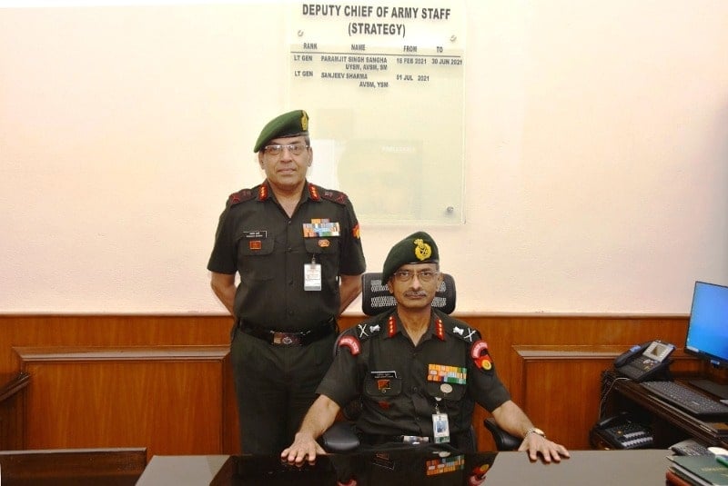 Suchindra Kumar sitting on the seat of the Deputy Chief of Army Staff (Strategy) after assuming the office