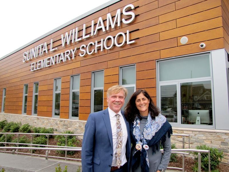 Sunita Williams attending the dedication ceremony for her namesake school in Needham, Massachusetts