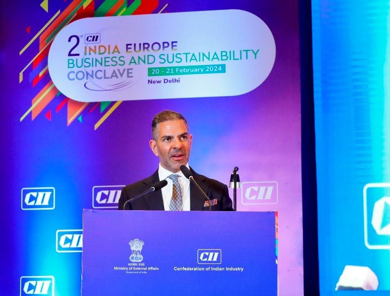 Sunjay Kapur giving a speech at an event held in New Delhi that was organised by the CII