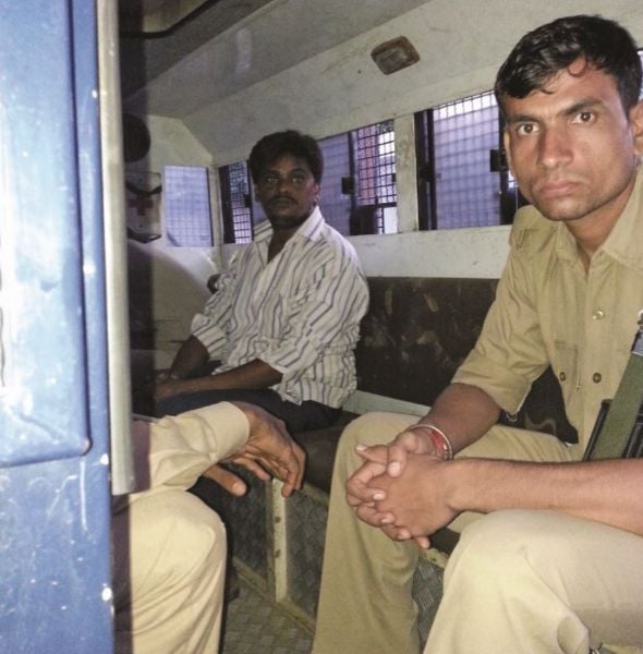 Surinder Koli left in the Vajra riot control vehicle outside the Dasna Jail in Ghaziabad before being transported to the Meerut Jail
