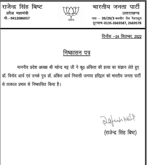 Suspension letter of Pulkit Arya