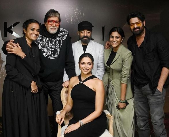 Swapna Dutt (second from right) with Amitabh Bachchan, Kamal Haasan, Prabhas and Deepika Padukone