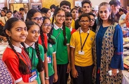 Swaroop Sampat with school children during a workshop