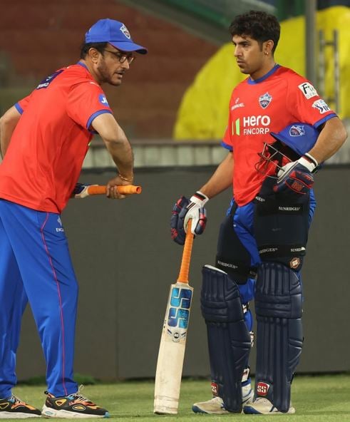 Swastik Chikara with Sourav Ganguly at the Delhi Capitals training camp