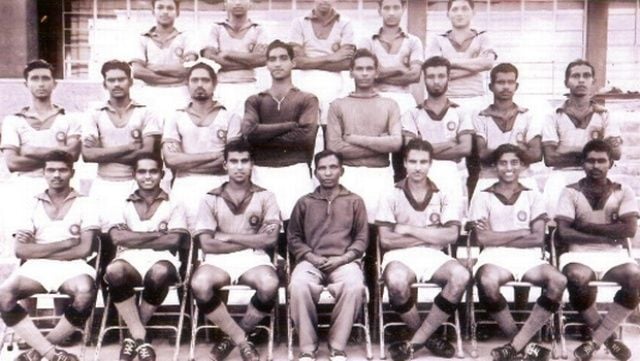 Syed Abdul Rahim (fourth from left, sitting) with the Indian Football Team at the 1960 Rome Olympics