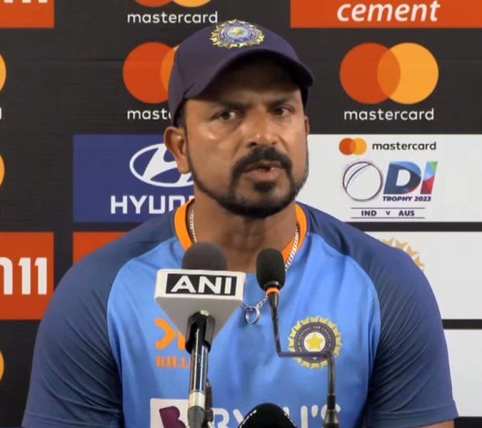 T Dilip during a press conference during the 2023 ODI World Cup