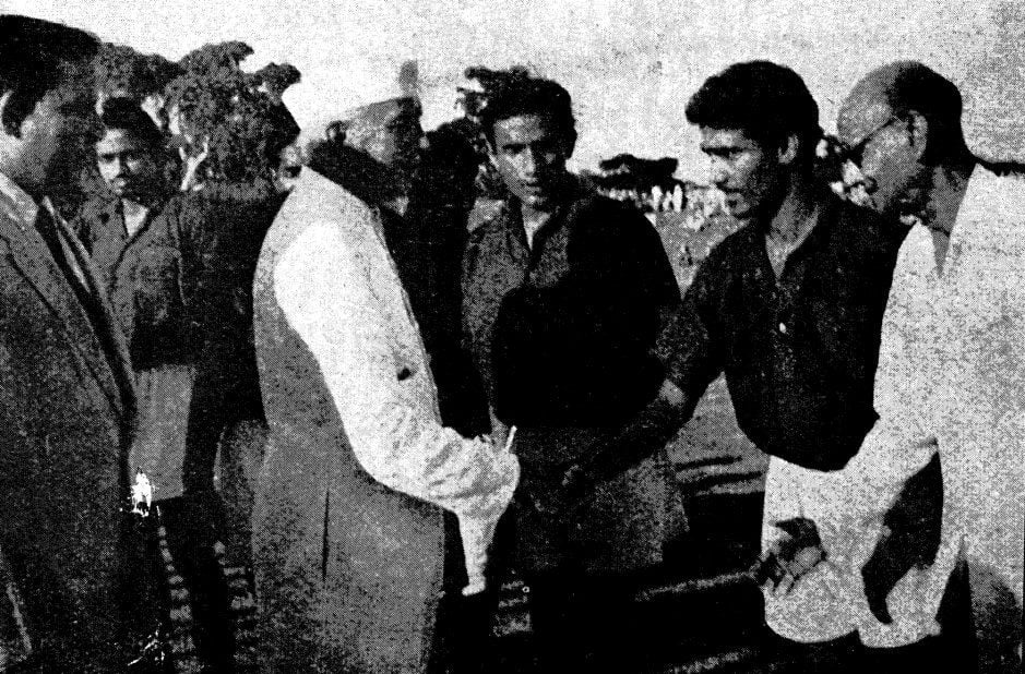 T. Abdul Rahman shaking hand with Jawaharlal Nehru after winning a tournament