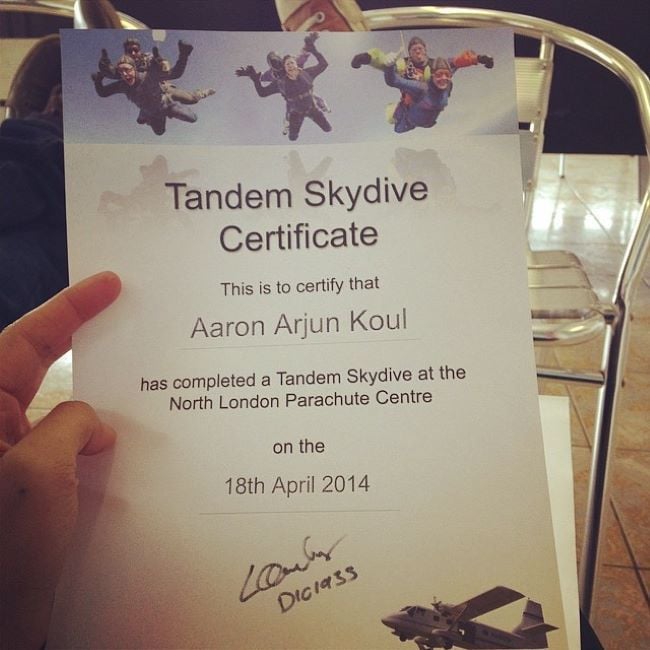 Tandem Skydive Certificate of Aaron Arjun Koul