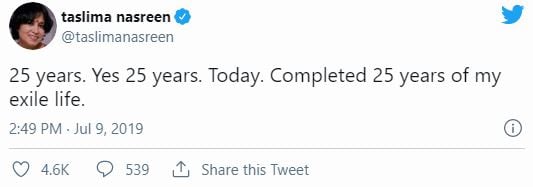 Taslima Nasrin celebrates completing 25 years of living in exile abroad in 2019