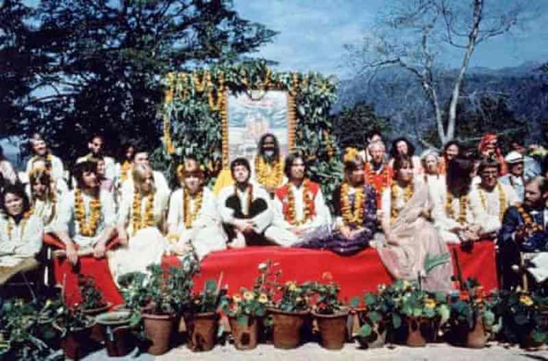 The Beatles and their partners with the Maharishi Mahesh Yogi at Rishikesh in March 1968