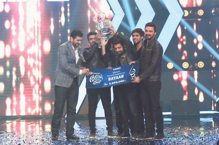 The Pepsi Battle of the Bands winning band Bayaan with the trophy and cash prize