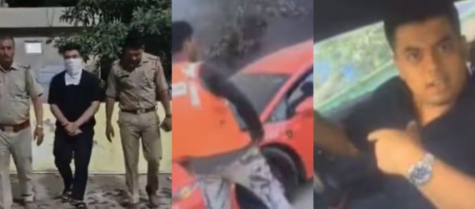 The car and police after detaining Deepak (right)