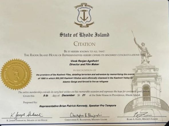 The democratic &amp; liberal state of USA -Rhode Island officially recognised Kashmir Genocide and conferred Vivek Agnihotri a certificate for his film The Kashmir Files in 2022