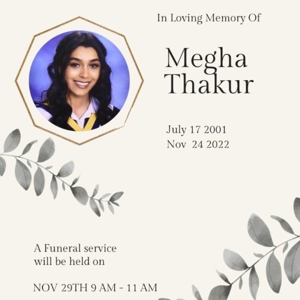 The funeral announcement for Megha Thakur (2001-2022)