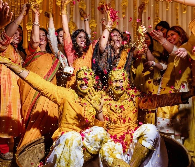 The haldi ceremony of Chaitanya Sharma and Abhishek Ray being attended by their family members