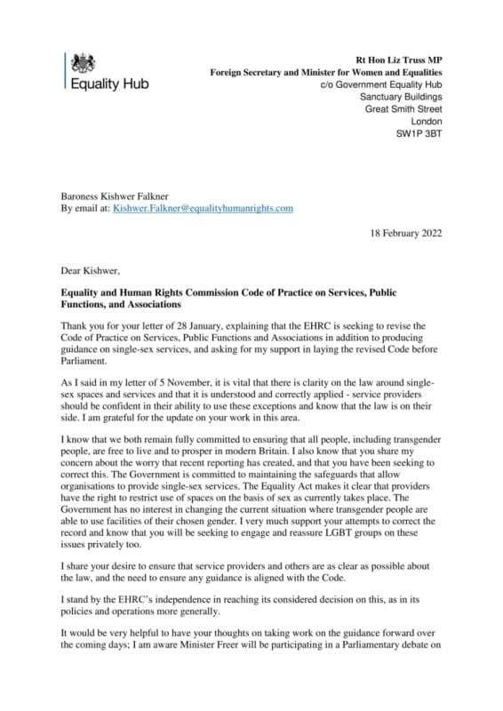 The letter written by Liz to Equalities and Human Rights Commission