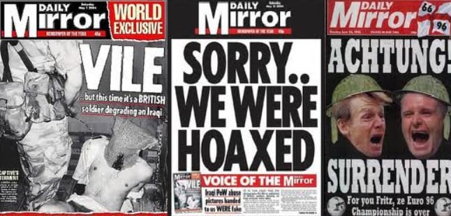The photos showing British soldiers abusing Iraqi prisoners and the headline 