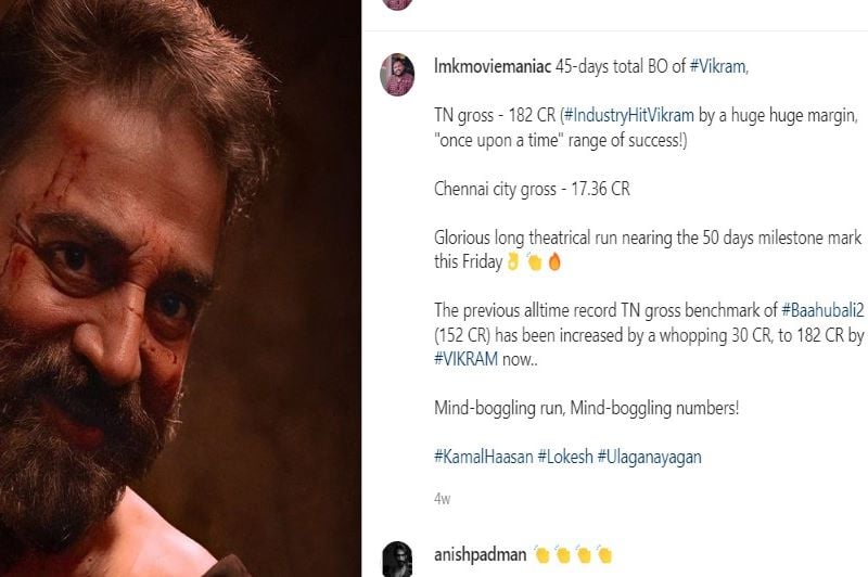 The picture Vikram reviewed by Kaushik LM on his Instagram account