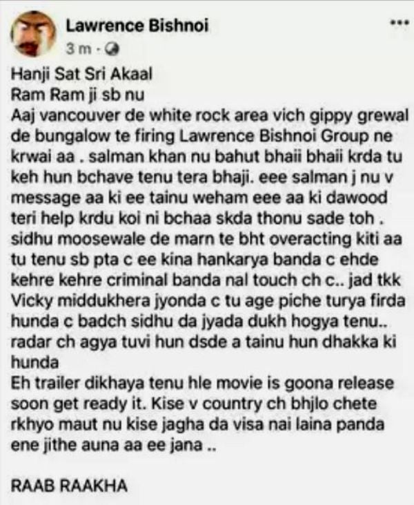 The post claiming responsibility for the attack at Gippy Grewal