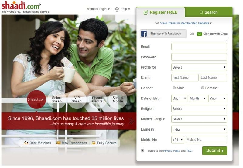 The snip of Shaadi.com website