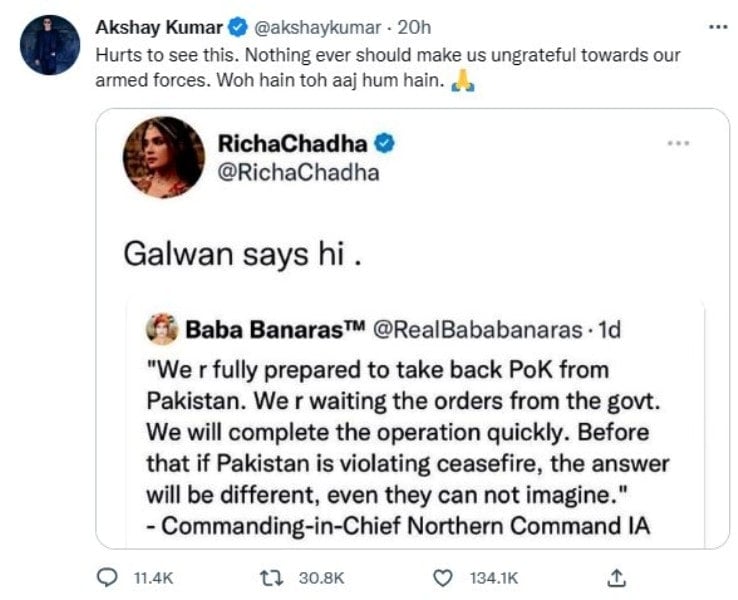 The tweet posted by Akshay Kumar after Richa