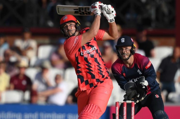 Tim David in action during a 2022 Vitality Blast match for Lancashire Lightning