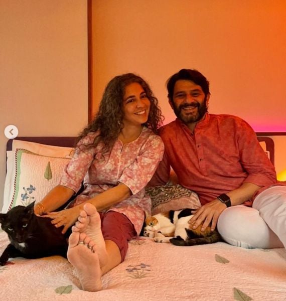 Tiya Tejpal with her husband and their pet cats