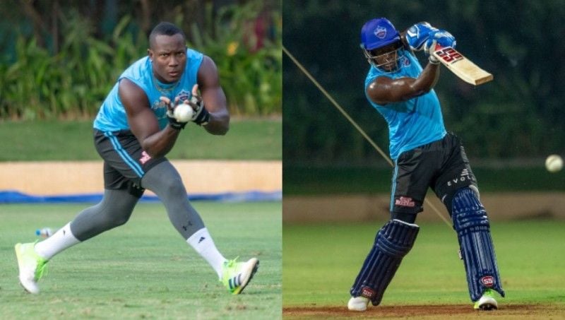 Two photos of Rovman Powell taken during a practice session