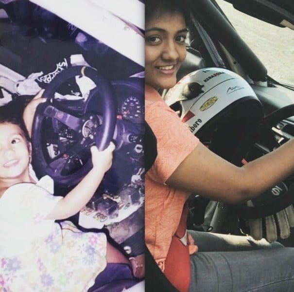 Two photos of Shivani Pruthvi when she was a child and when she started her training to race