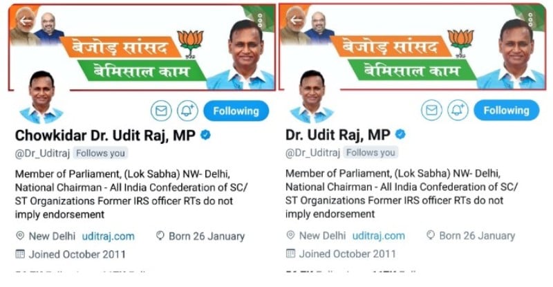 Udit Raj drops Chowkidar from his twitter handle
