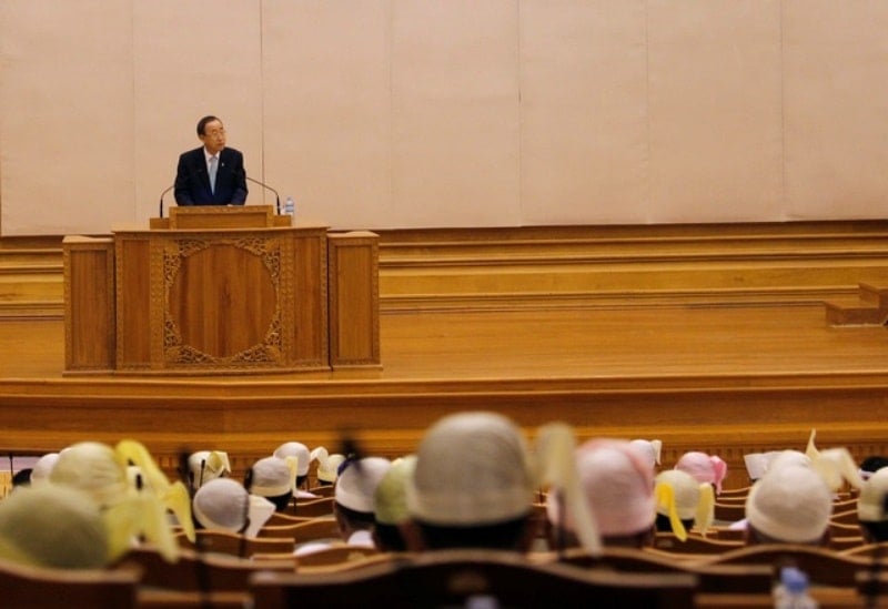 United Nations Secretary-General Ban Ki-moon giving a speech at Myanmar